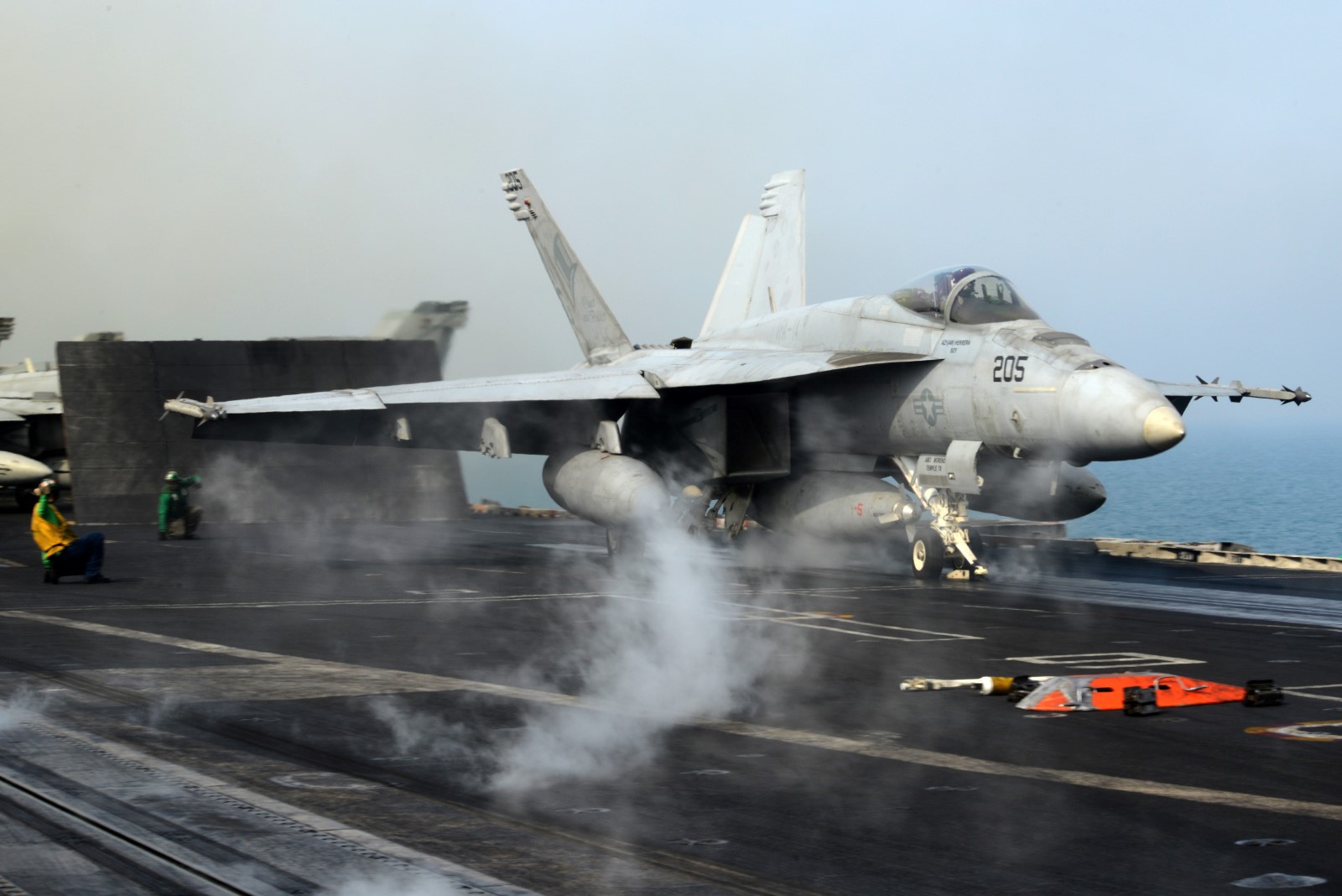 130128-N-OY799-111 
U.S. 5TH FLEET AREA OF RESPONSIBILITY (Jan. 28, 2013) An F/A-18E Super Hornet from the Tophatters of Strike Fighter Squadron (VFA) 14 launches from the aircraft carrier USS John C. Stennis (CVN 74). John C. Stennis is deployed to the U.S. 5th Fleet area of responsibility conducting maritime security operations, theater security cooperation efforts and support missions for Operation Enduring Freedom. (U.S. Navy photo by Mass Communication Specialist 2nd Class Kenneth Abbate/Released)